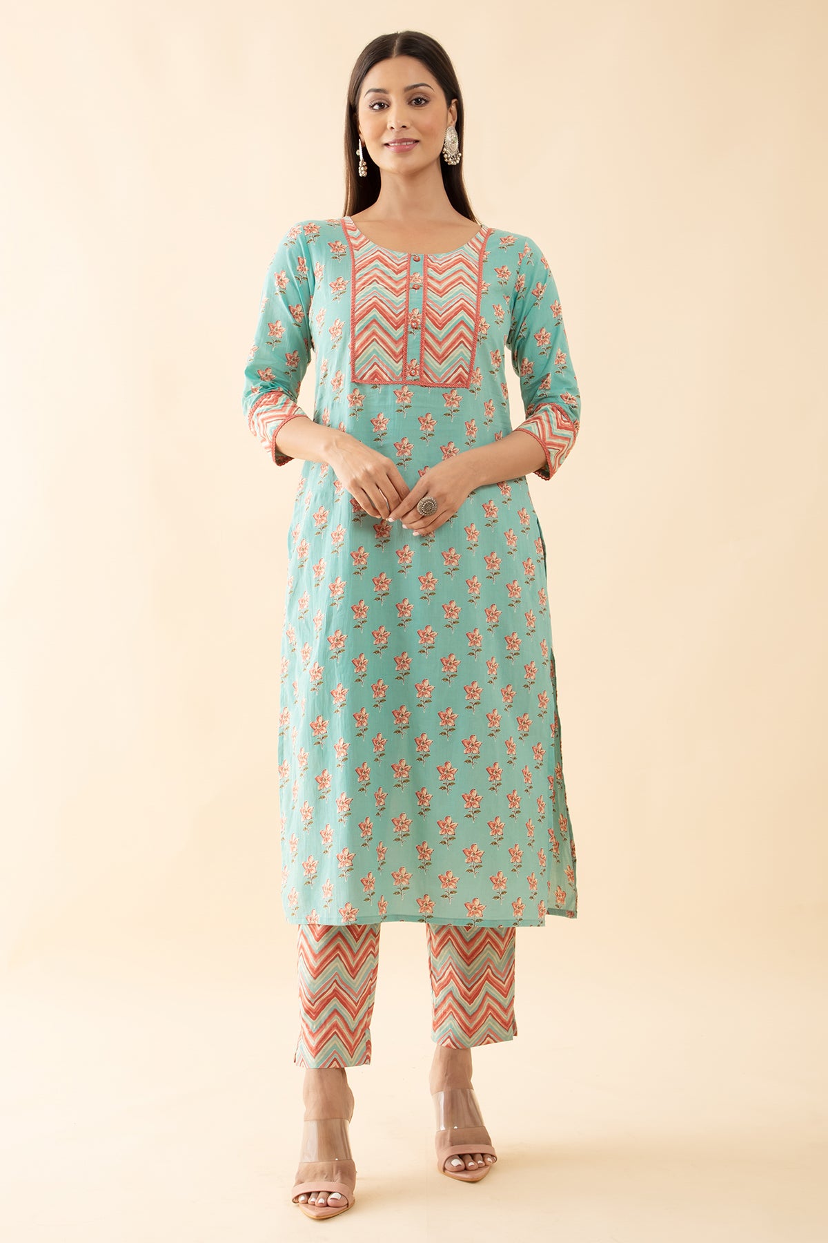 Floral Cotton Kurta Set with Zig-Zag Printed Dupatta - Aqua Green & Peach