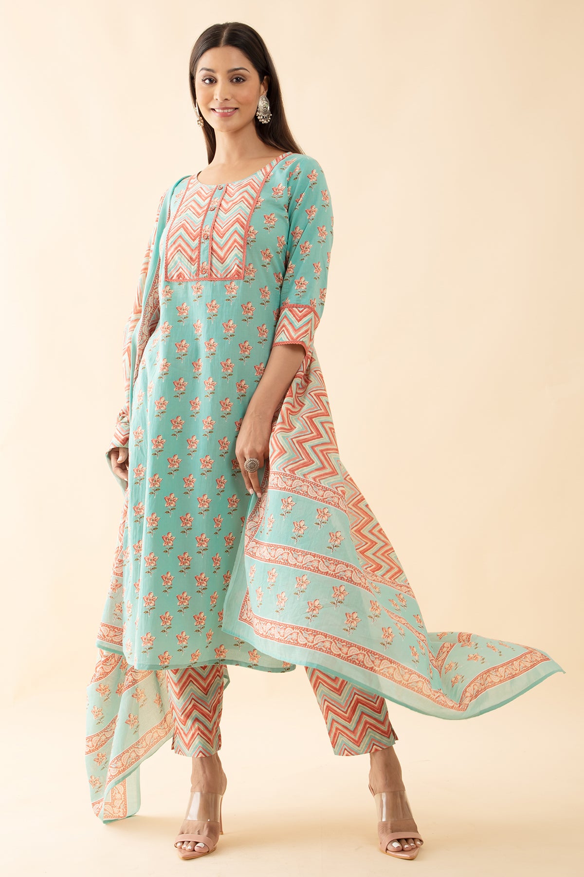 Floral Cotton Kurta Set with Zig-Zag Printed Dupatta - Aqua Green & Peach