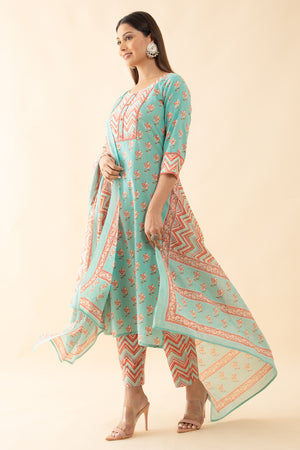 Floral Cotton Kurta Set with Zig-Zag Printed Dupatta - Aqua Green & Peach