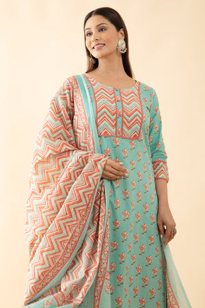 Floral Cotton Kurta Set with Zig-Zag Printed Dupatta - Aqua Green & Peach