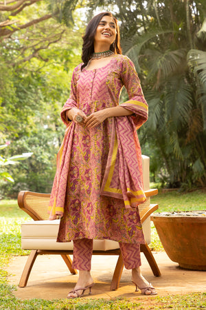 Floral Paisley Printed Cotton Kurta set with Dupatta - Pink