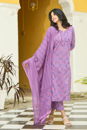 Paisley Printed Cotton Kurta set - Pink & Violet
