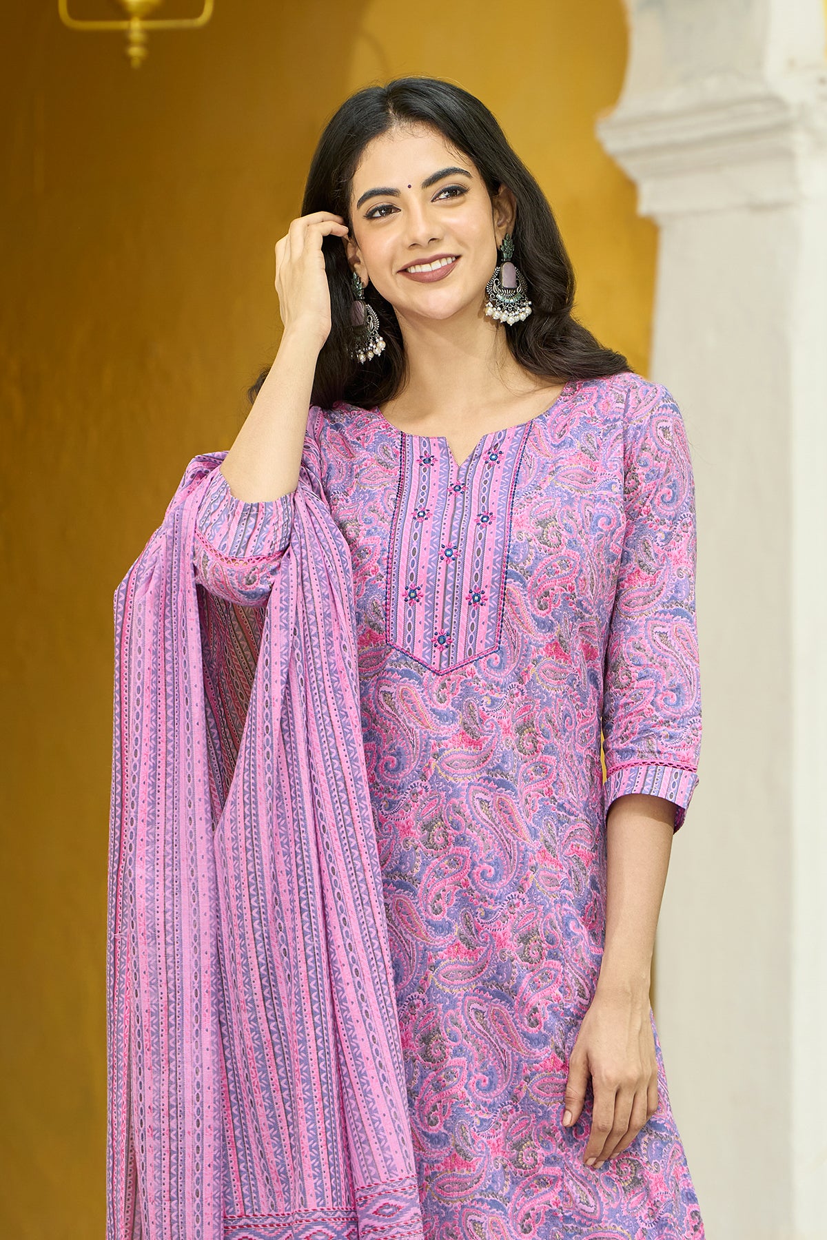 Paisley Printed Cotton Kurta set - Pink & Violet
