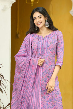 Paisley Printed Cotton Kurta set - Pink & Violet
