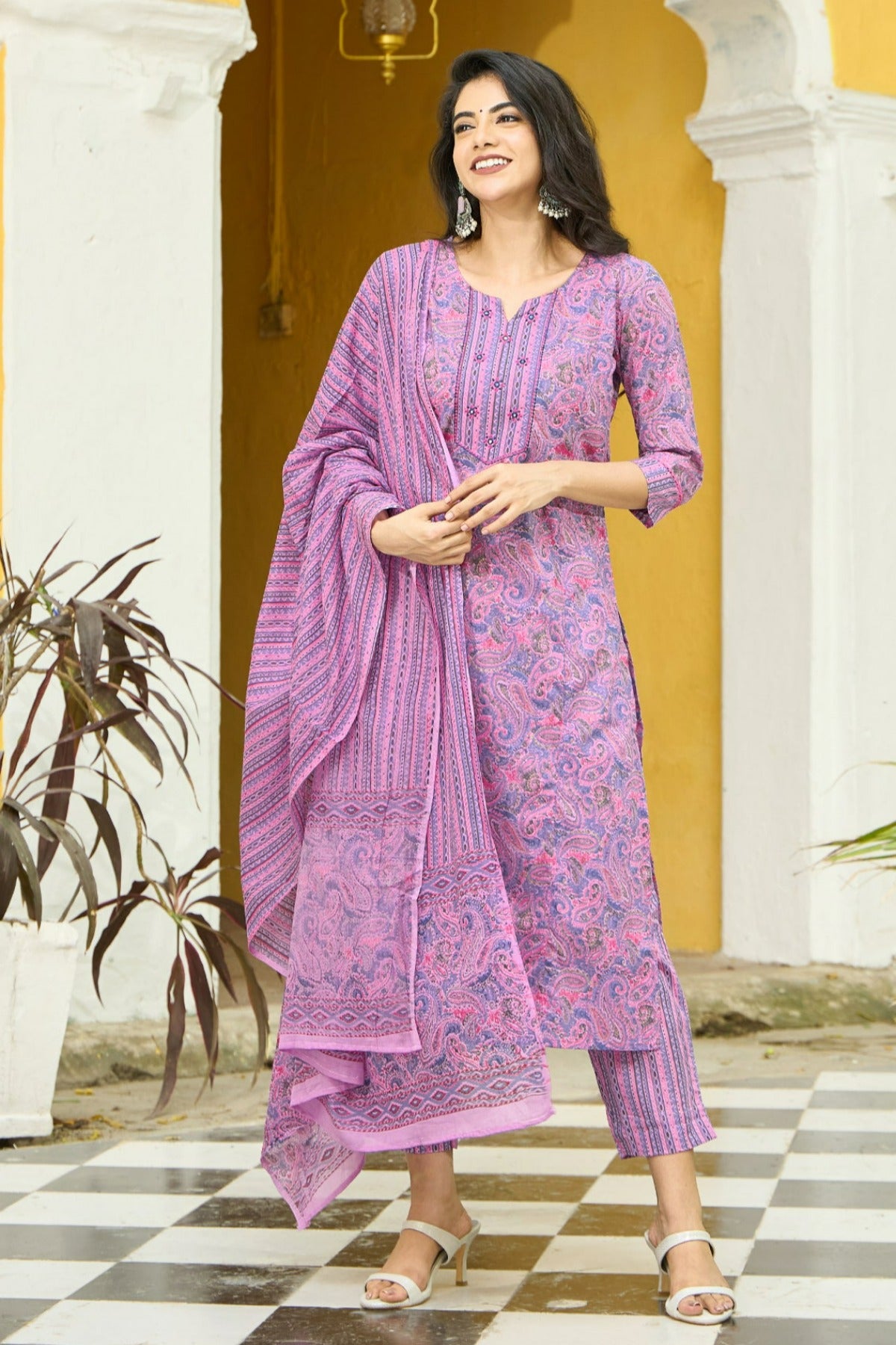 Paisley Printed Cotton Kurta set - Pink & Violet