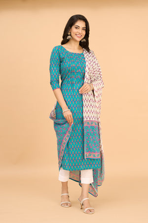 All Over Floral Printed Cotton Kurtaset with Dupatta - Blue & White