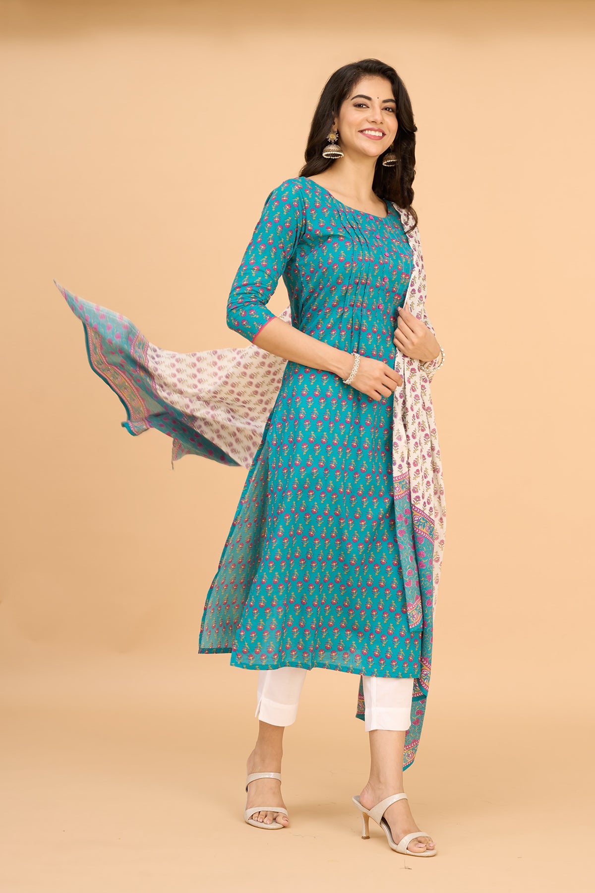 All Over Floral Printed Cotton Kurtaset with Dupatta - Blue & White