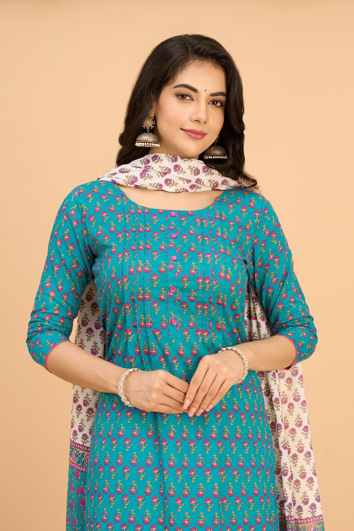 All Over Floral Printed Cotton Kurtaset with Dupatta - Blue & White