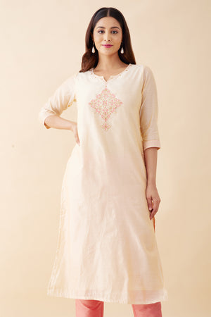 Floral Embroidered Kurtaset with Brocade Dupatta - Off-White & Peach