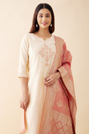 Floral Embroidered Kurtaset with Brocade Dupatta - Off-White & Peach