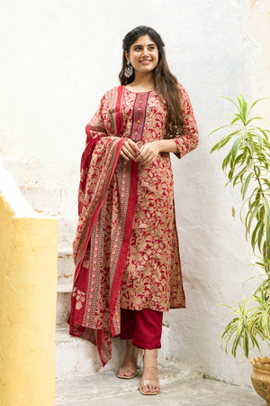 Abstract Floral Printed Cotton Kurta set with Dupatta - Rust
