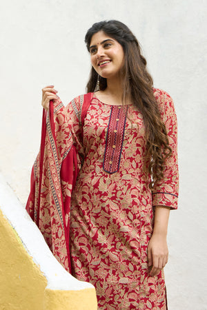 Abstract Floral Printed Cotton Kurta set with Dupatta - Rust
