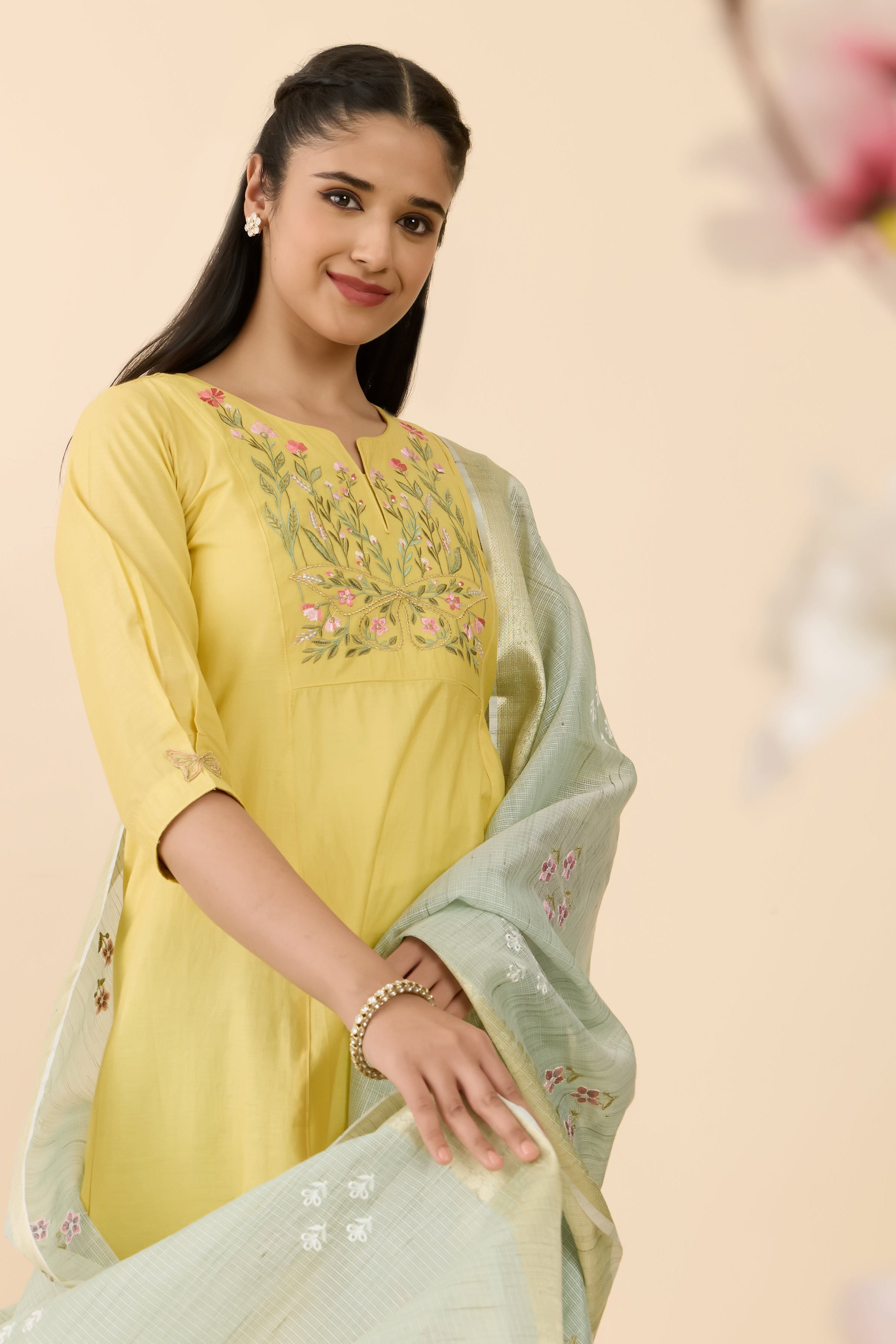 YELLOW FLORAL PRINTED A-LINE KURTA SET
