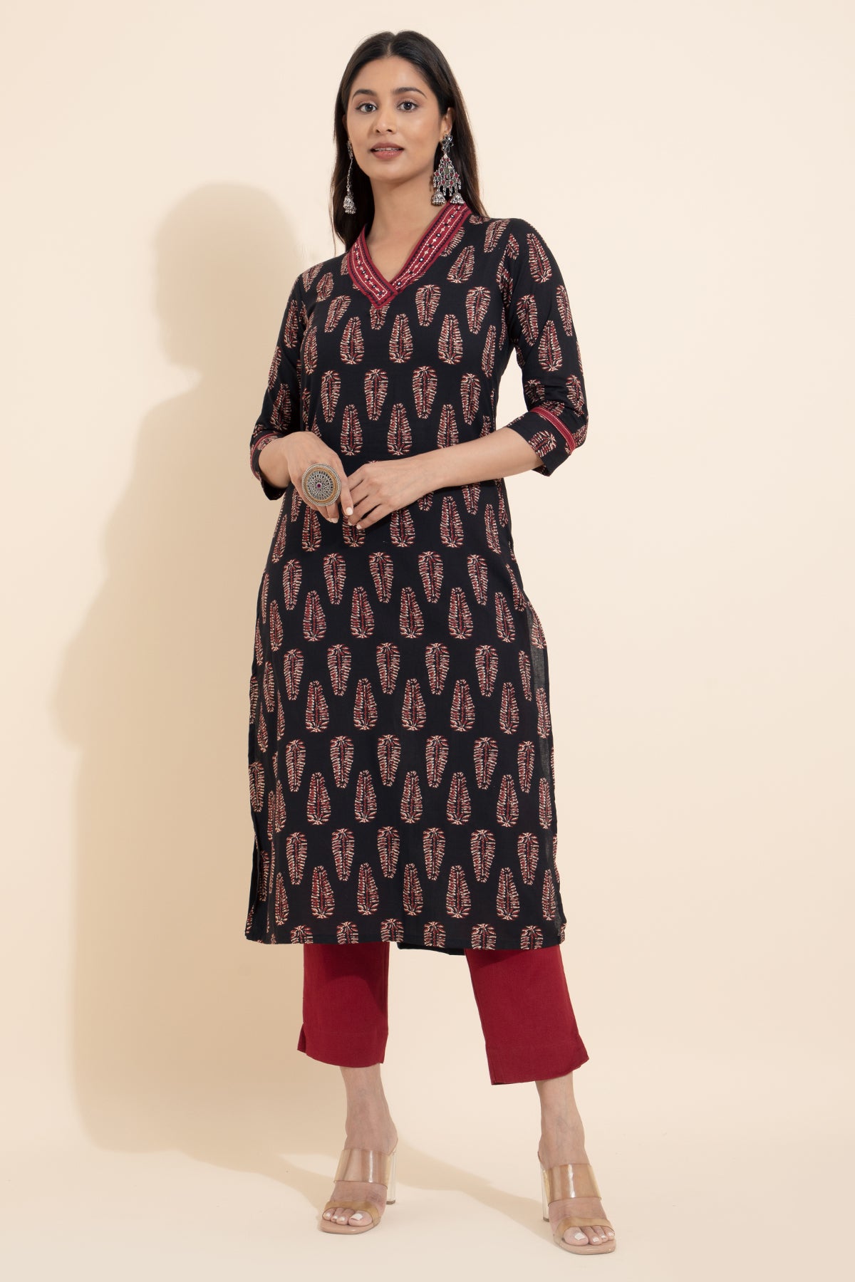 Paisley Printed Cotton Kurtaset - Black & Maroon
