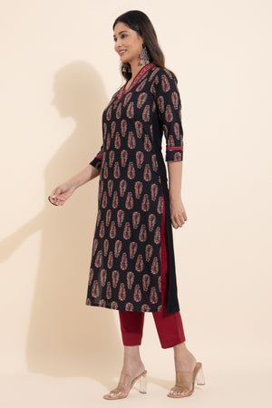 Paisley Printed Cotton Kurtaset - Black & Maroon