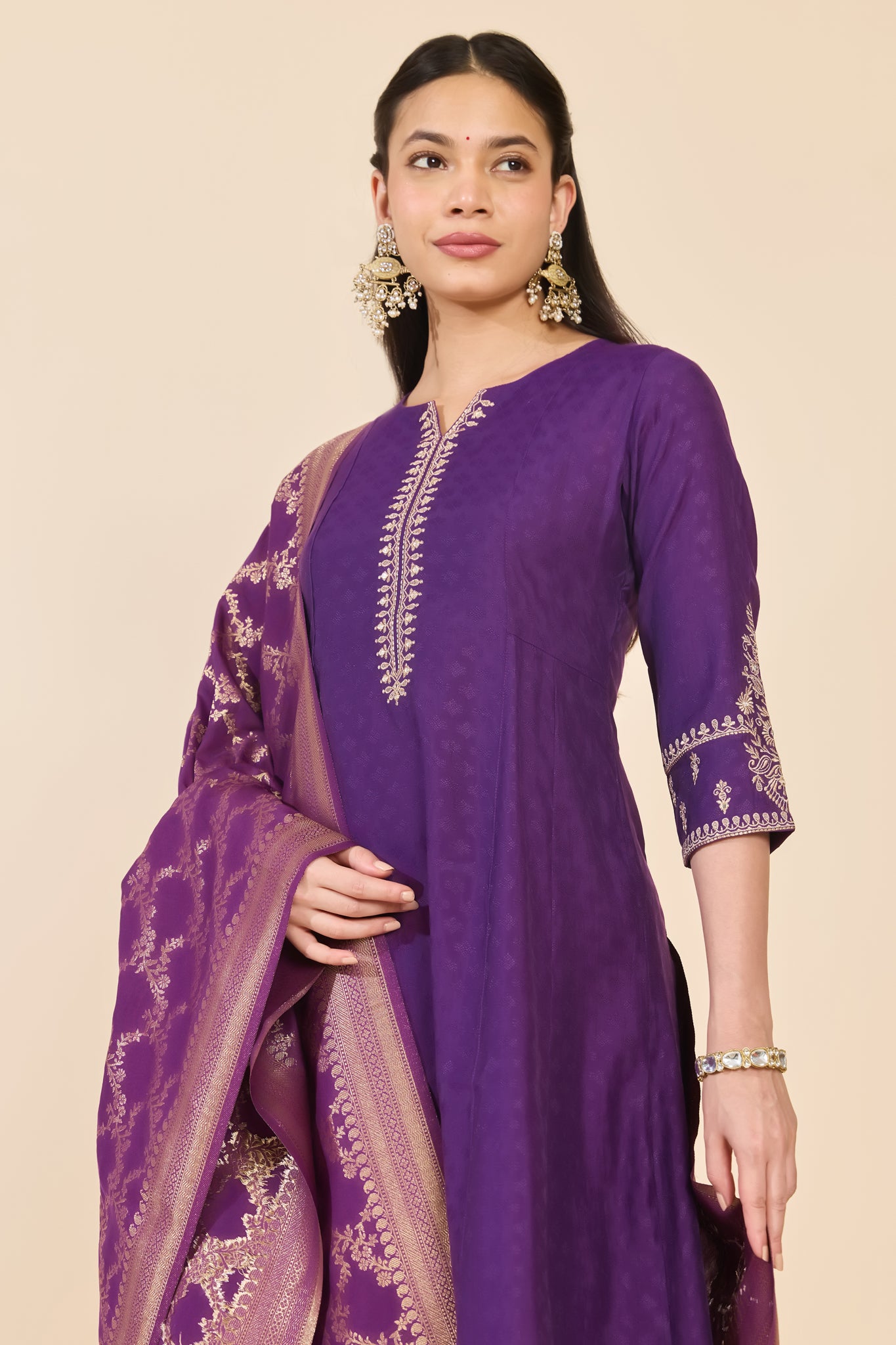 PURPLE BROCADE FLORAL KURTA SET