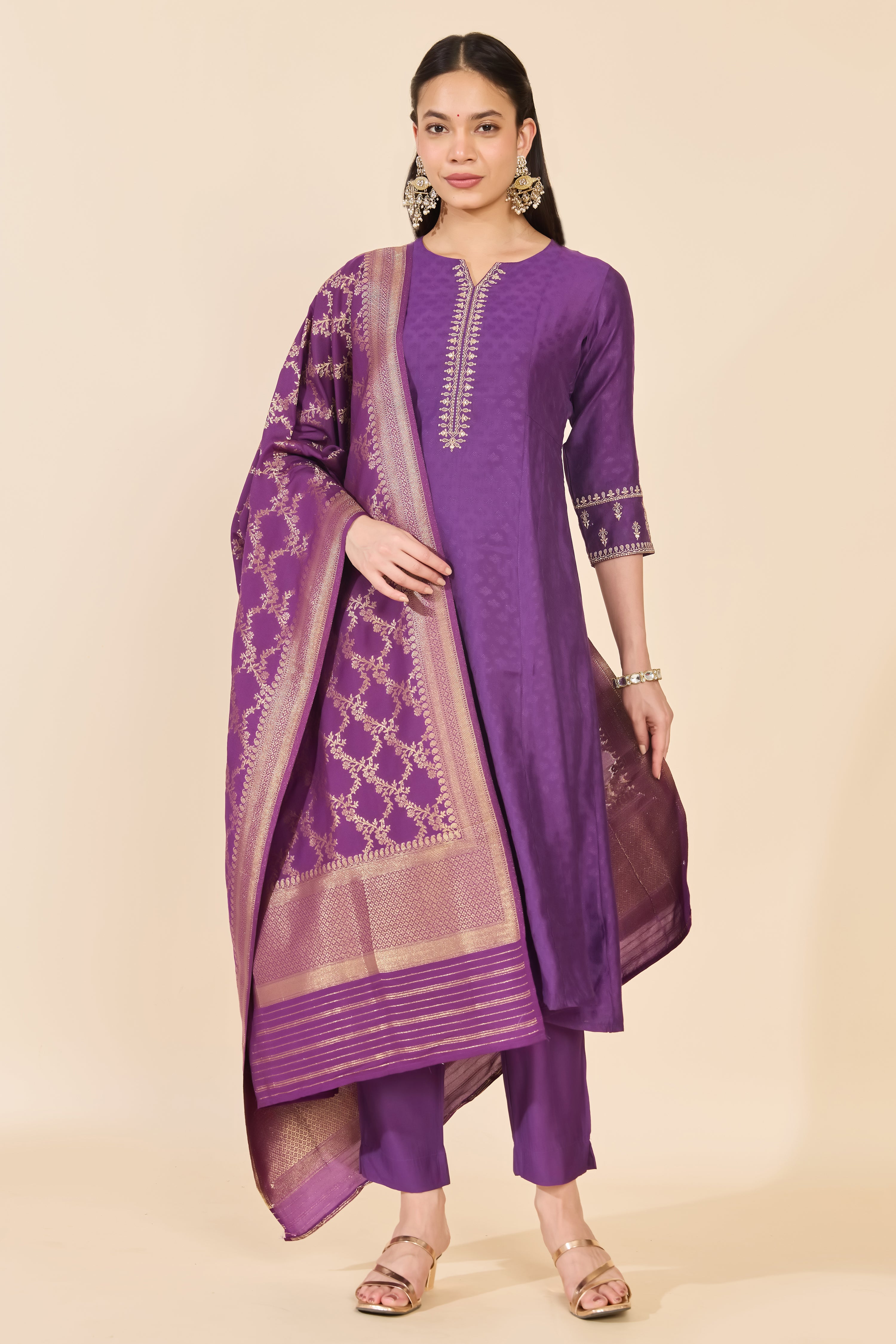 PURPLE BROCADE FLORAL KURTA SET
