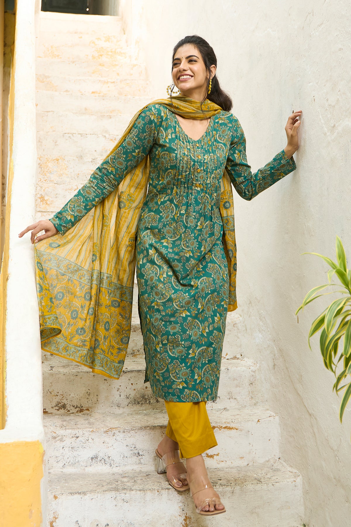 Garden Floral Printed Cotton Kurta Set with Dupatta - Green & Mustard
