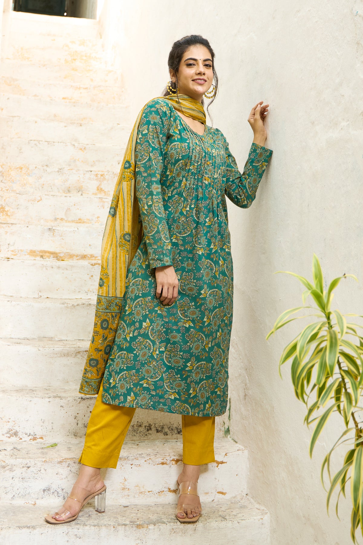 Garden Floral Printed Cotton Kurta Set with Dupatta - Green & Mustard
