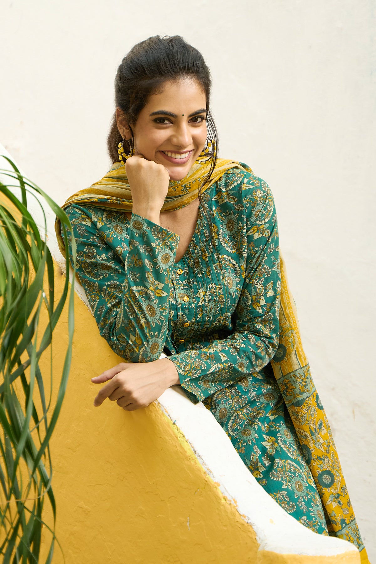 Garden Floral Printed Cotton Kurta Set with Dupatta - Green & Mustard
