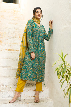 Garden Floral Printed Cotton Kurta Set with Dupatta - Green & Mustard