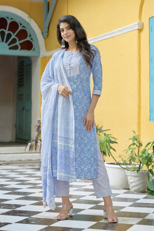 All Over Floral Printed Kurta set with Chevron Printed Yoke & Dupatta - Blue & White
