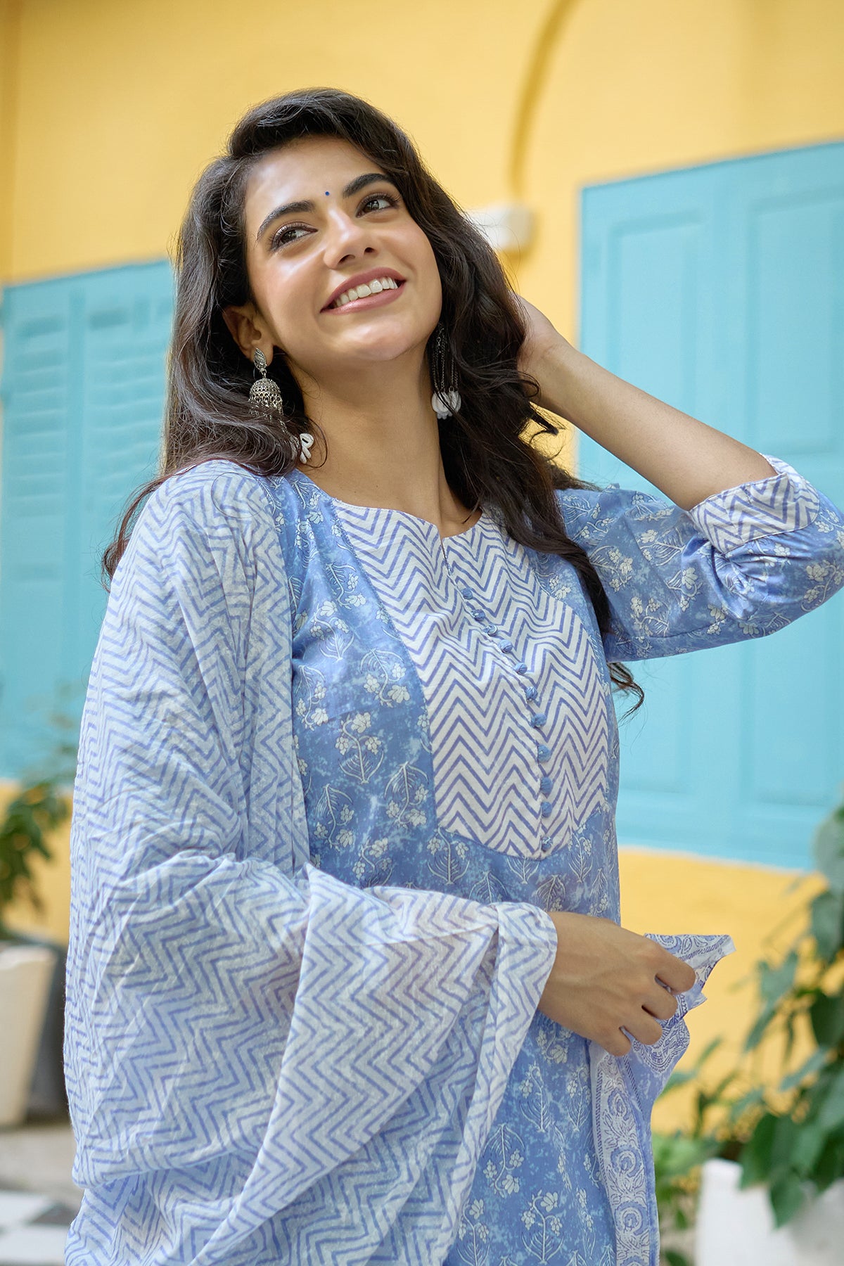 All Over Floral Printed Kurta set with Chevron Printed Yoke & Dupatta - Blue & White
