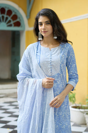 All Over Floral Printed Kurta set with Chevron Printed Yoke & Dupatta - Blue & White
