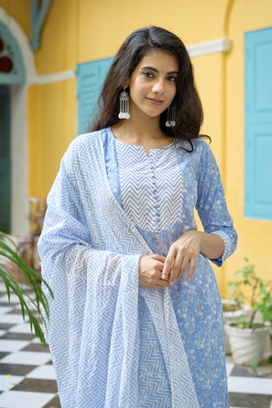 All Over Floral Printed Kurta set with Chevron Printed Yoke & Dupatta - Blue & White
