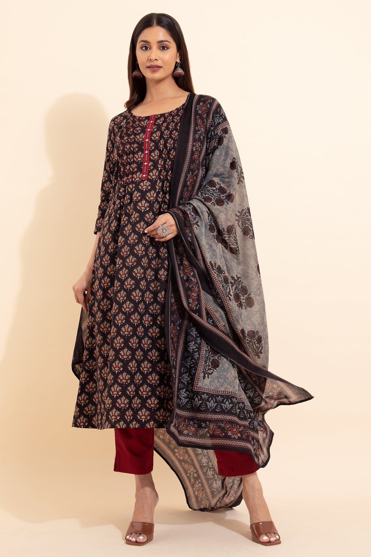 Floral Printed Cotton Kurtaset with Dupatta - Black & Maroon