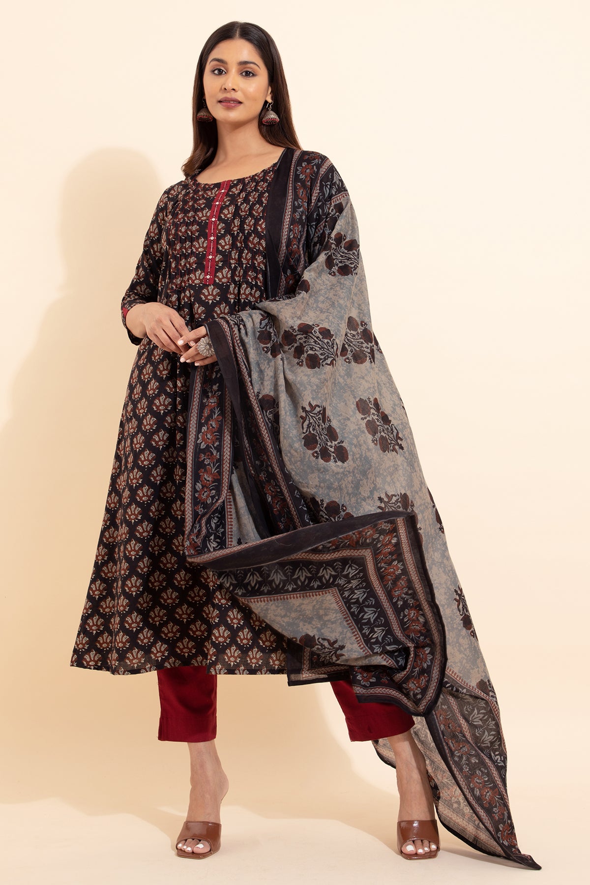 Floral Printed Cotton Kurtaset with Dupatta - Black & Maroon