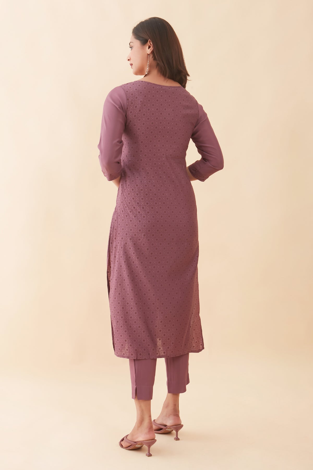 All Over Geometric Prined & Embroidered Kurta Set With Cutwork Dupatta - Purple