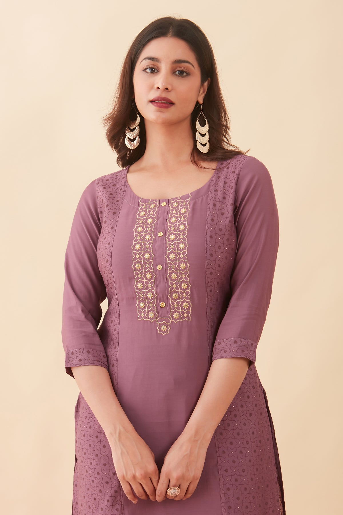 All Over Geometric Prined & Embroidered Kurta Set With Cutwork Dupatta - Purple