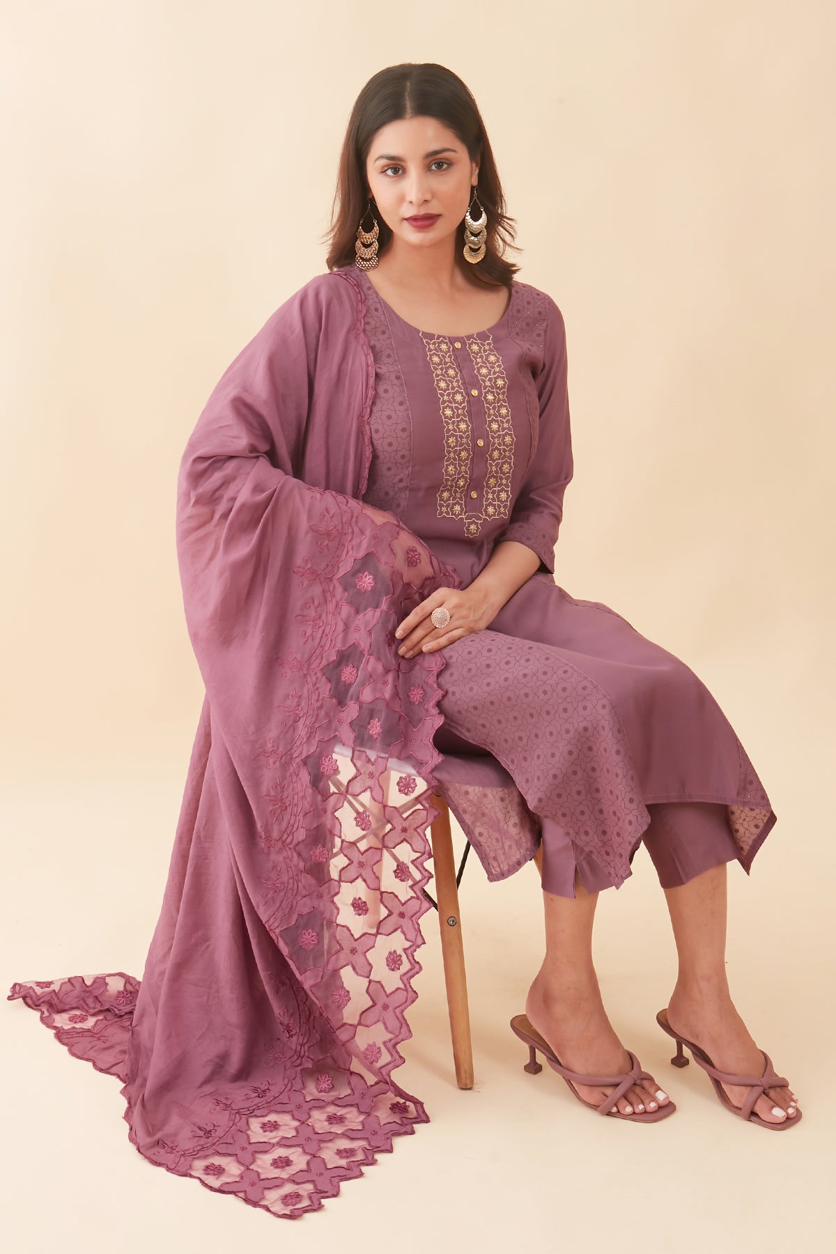 All Over Geometric Prined & Embroidered Kurta Set With Cutwork Dupatta - Purple