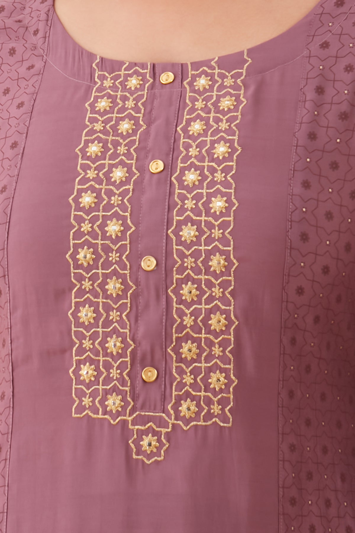 All Over Geometric Prined & Embroidered Kurta Set With Cutwork Dupatta - Purple