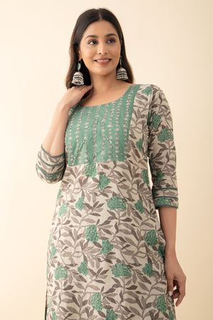 Floral Printed Cotton Kurta set - Green