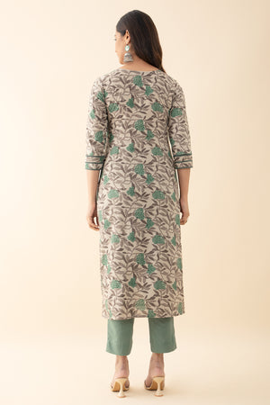 Floral Printed Cotton Kurta set - Green