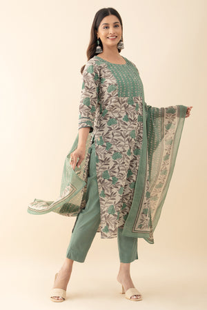 Floral Printed Cotton Kurta set - Green