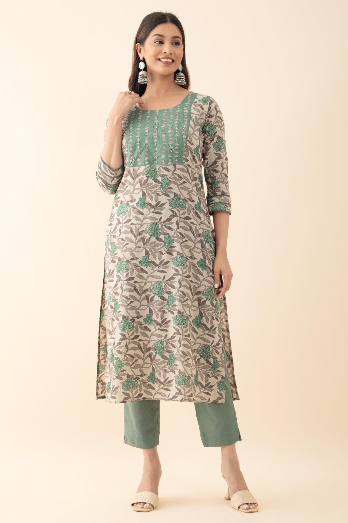 Floral Printed Cotton Kurta set - Green