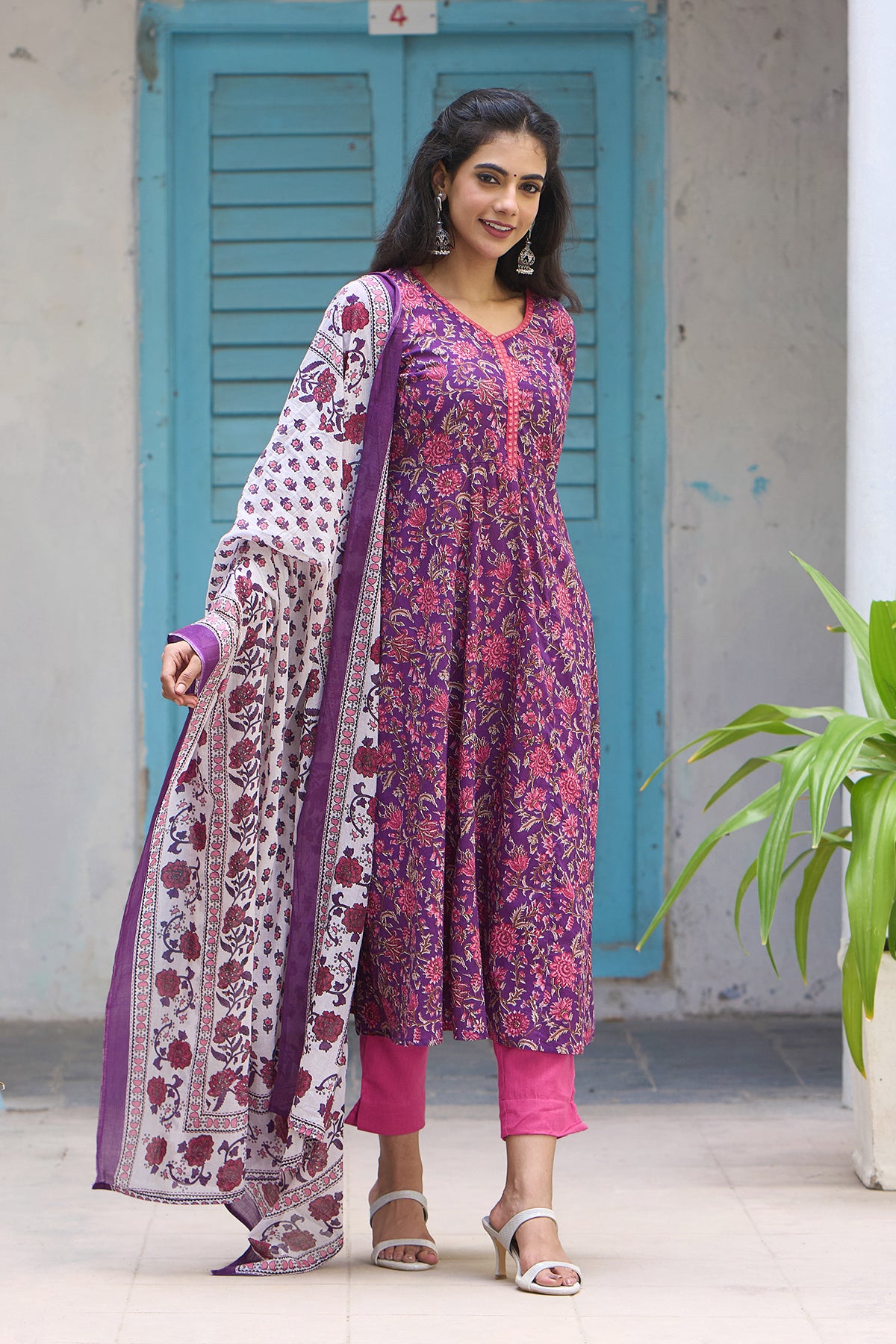 Floral Printed Cotton Kurta-Set with Dupatta - Purple
