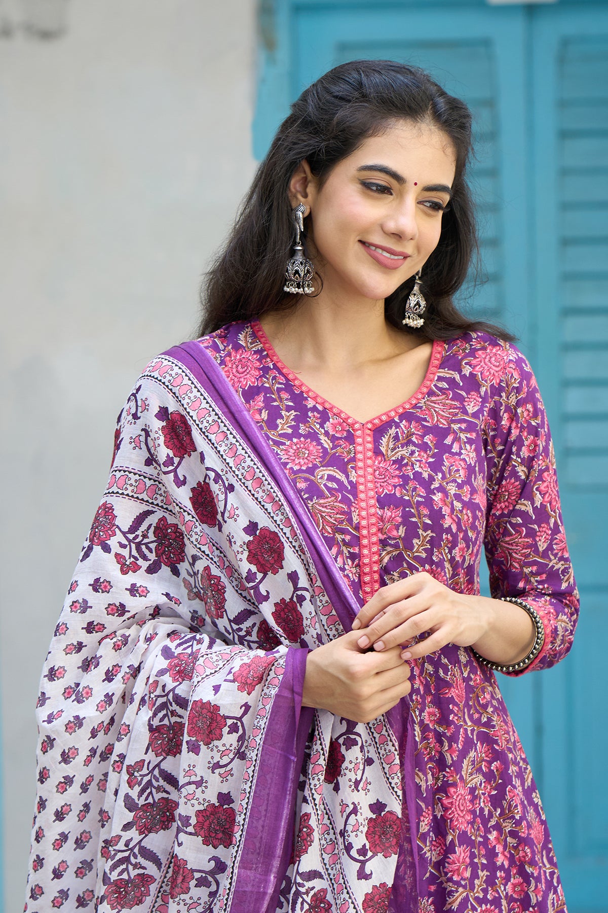 Floral Printed Cotton Kurta-Set with Dupatta - Purple
