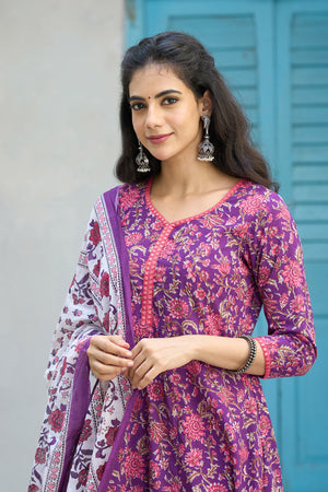 Floral Printed Cotton Kurta-Set with Dupatta - Purple
