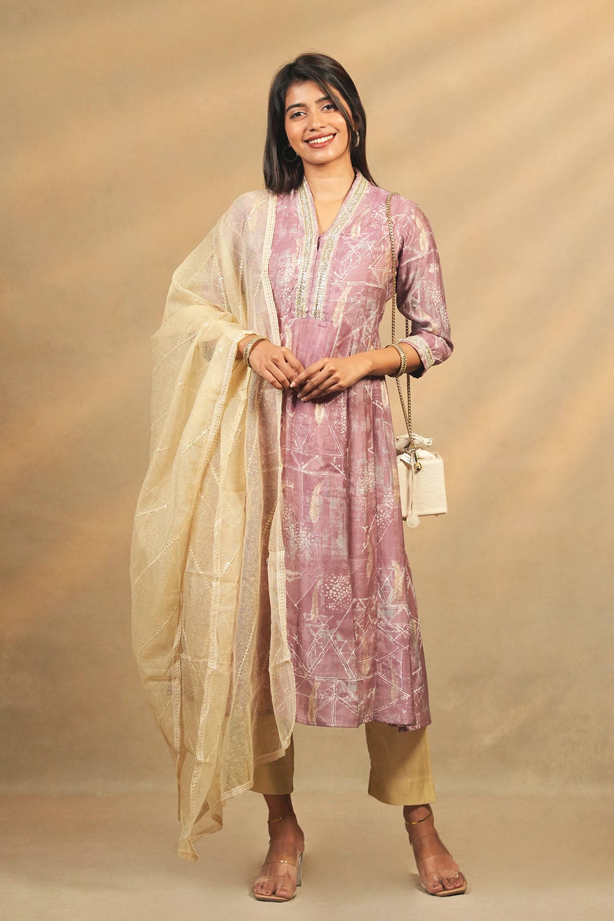 All Over Feather Printed Kurtaset With Sequins Embellished Dupatta Purple Beige
