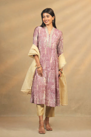 All Over Feather Printed Kurtaset With Sequins Embellished Dupatta Purple Beige
