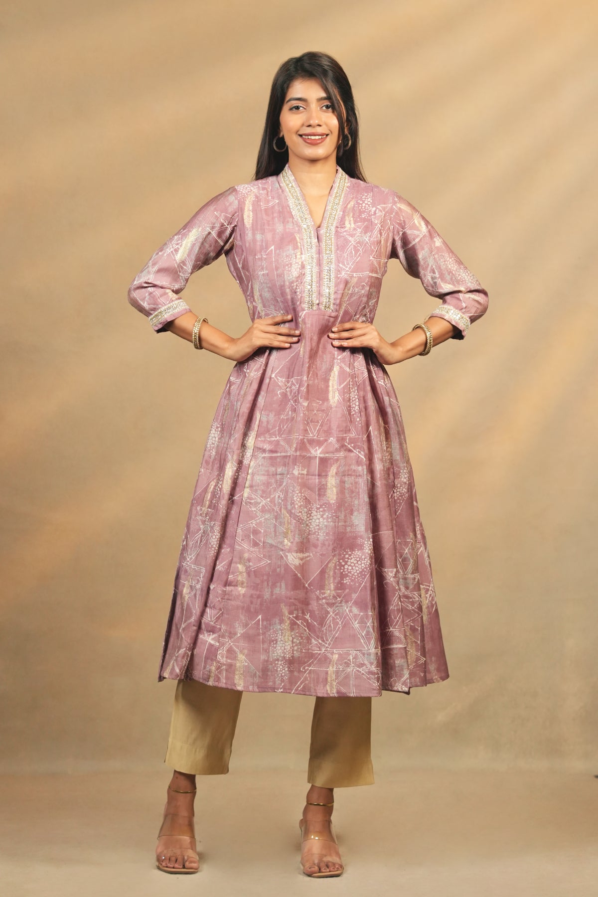 All Over Feather Printed Kurtaset With Sequins Embellished Dupatta Purple Beige
