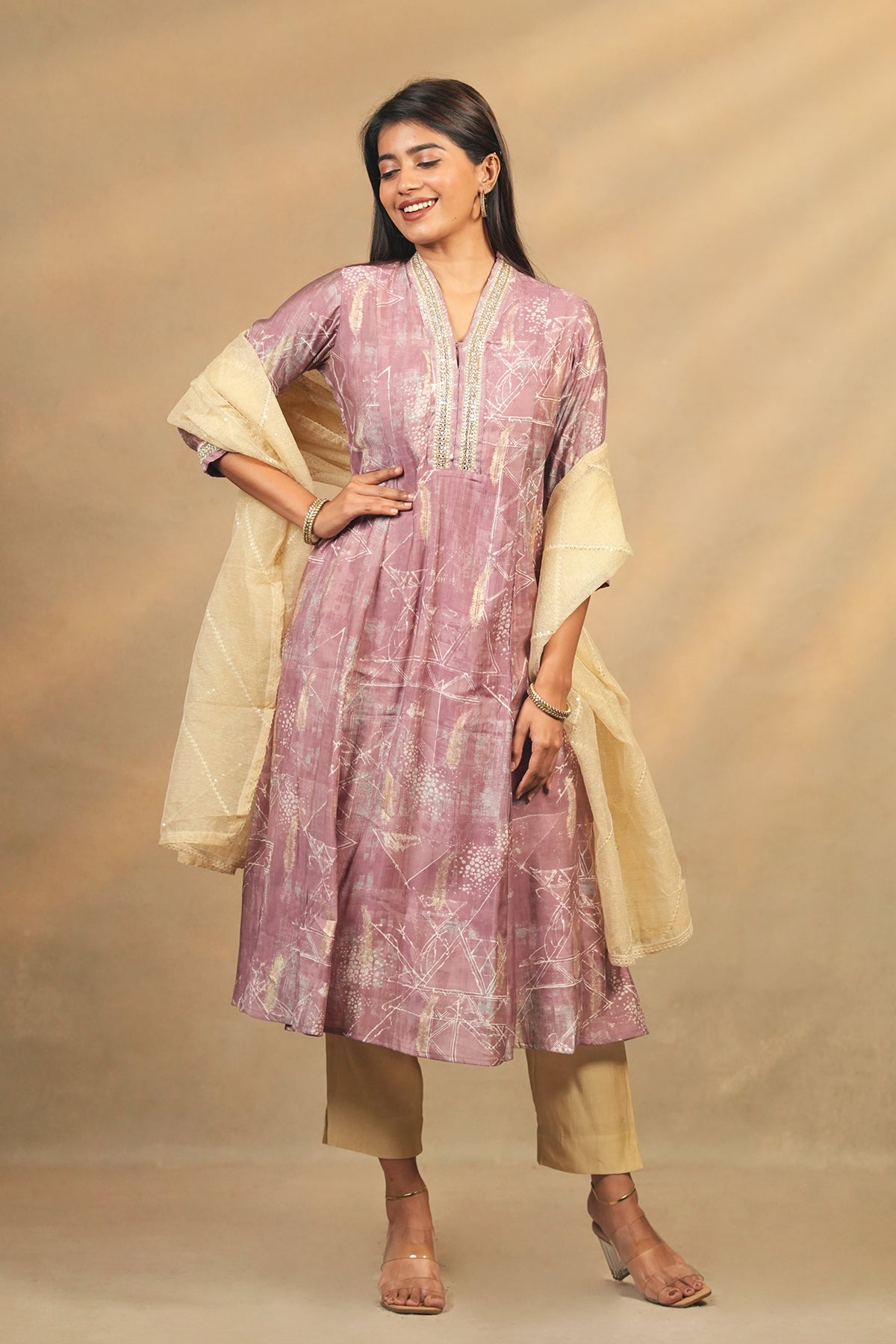 All Over Feather Printed Kurtaset With Sequins Embellished Dupatta Purple Beige