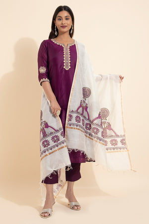 Embroidered Kurtaset with Kathakali Printed Duapatta - Burgundy & Off-White