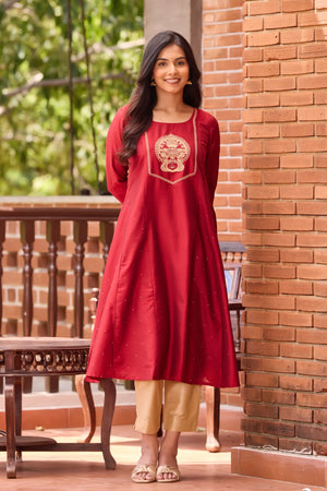 Red & Golden Embroidered Kathakali Kurta Set with Brocade Dupatta