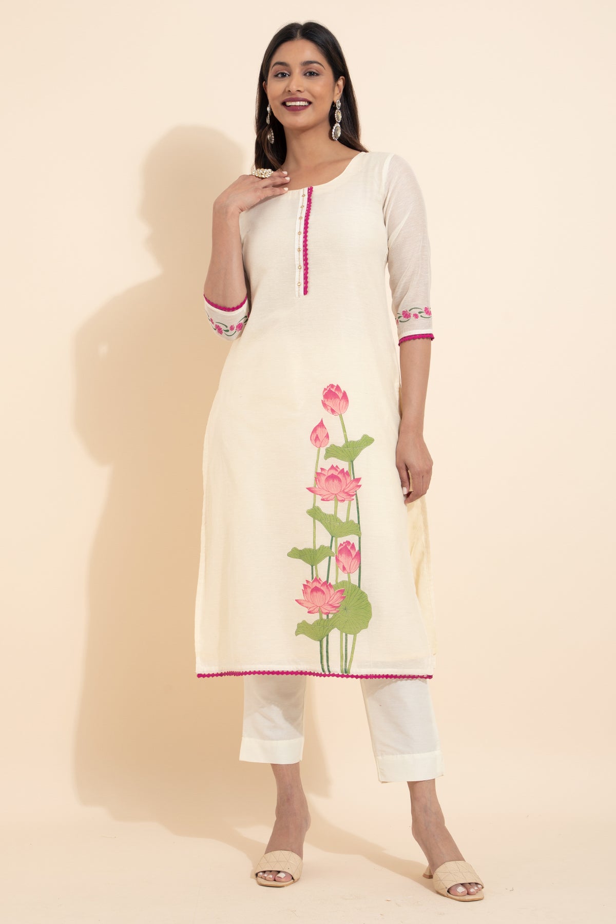 Lotus Placement Printed Kurtaset with Dupatta - Off-White & Pink
