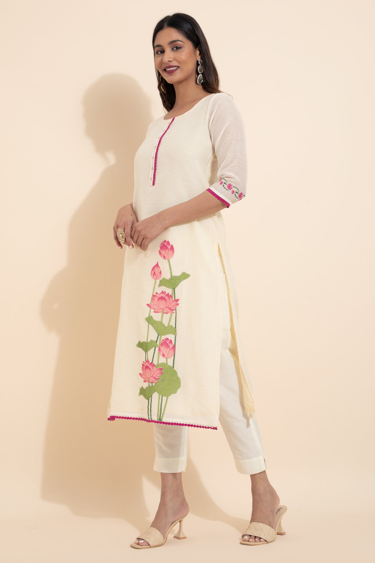 Lotus Placement Printed Kurtaset with Dupatta - Off-White & Pink
